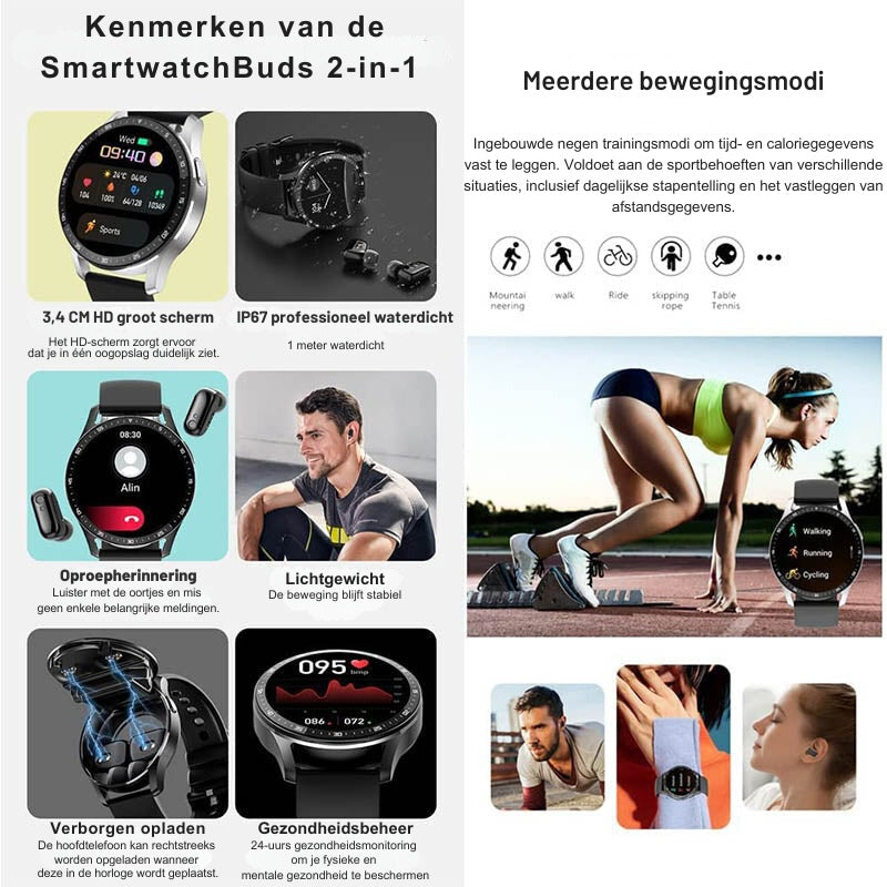 SmartwatchBuds 2-in-1: Jouw smartwatch en oordopjes in één! Geschikt voor IOS en Android!